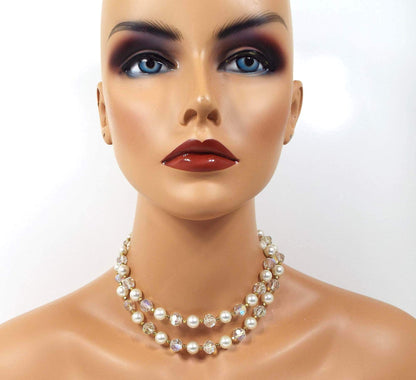 Faux Pearl and AB Crystal Multi Strand Vintage Necklace
