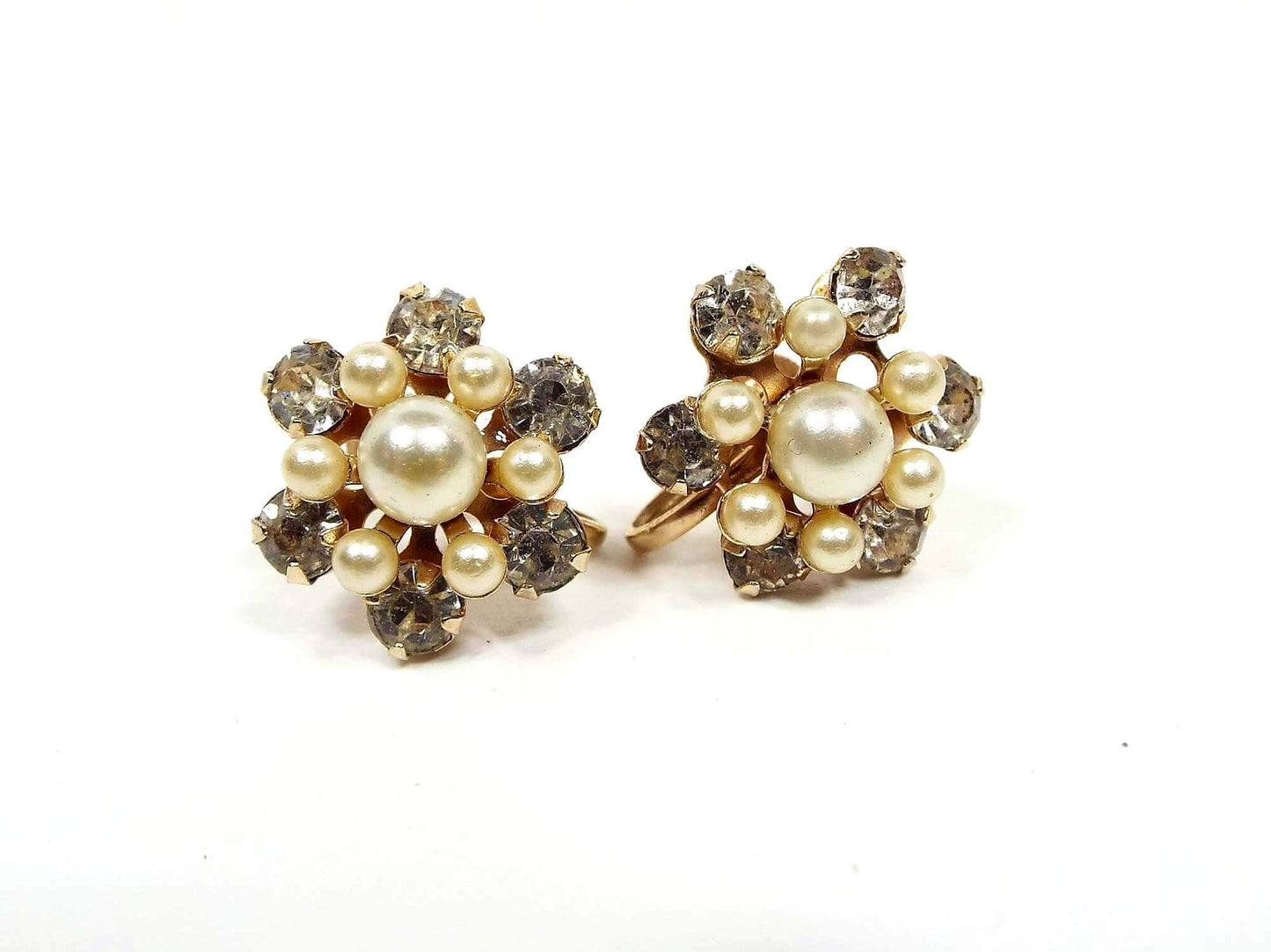 Faux Pearl and Rhinestone Cluster Vintage Screw Back Earrings