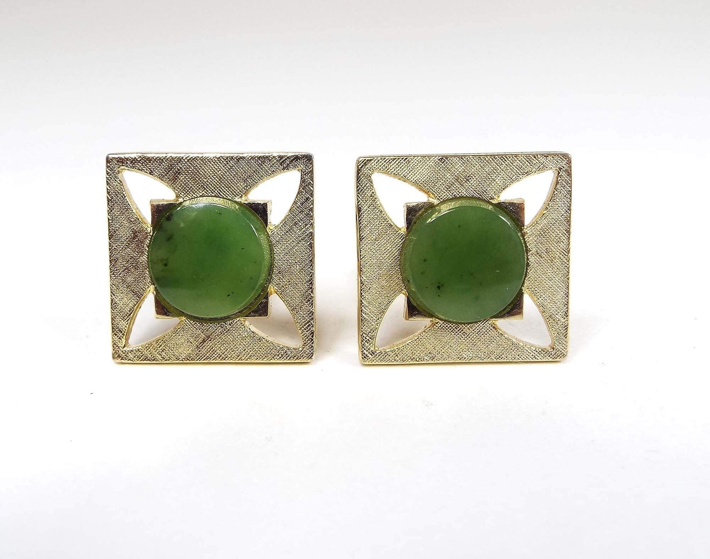 Green Jade Gemstone Vintage Cufflinks, Retro Atomic Cuff Links