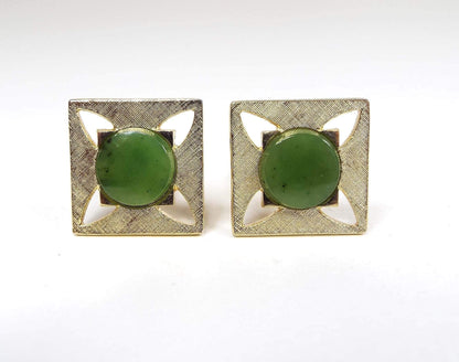 Green Jade Gemstone Vintage Cufflinks, Retro Atomic Cuff Links