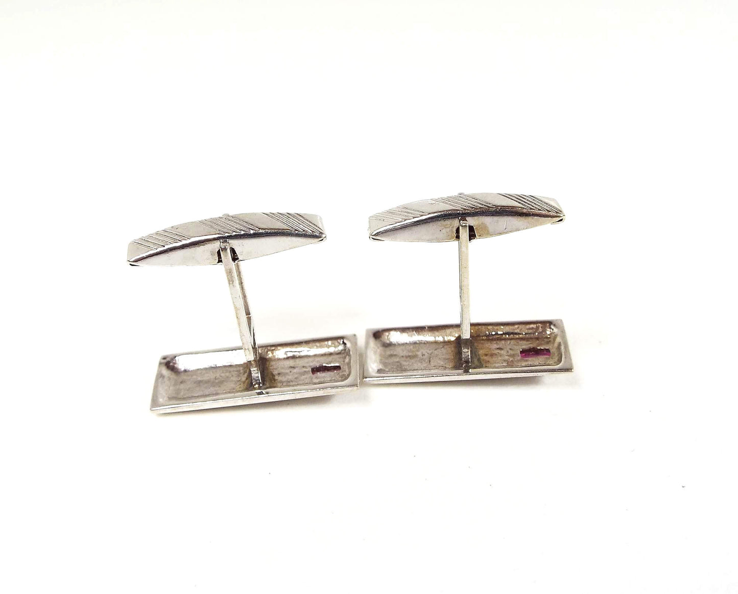 Etched Silver Tone Vintage Cufflinks with Pink Topaz Accents, Gemstone Cuff Links