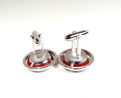 Hickok USA Vintage Cufflinks with Bright Red Glass Fronts, Round Cuff Links