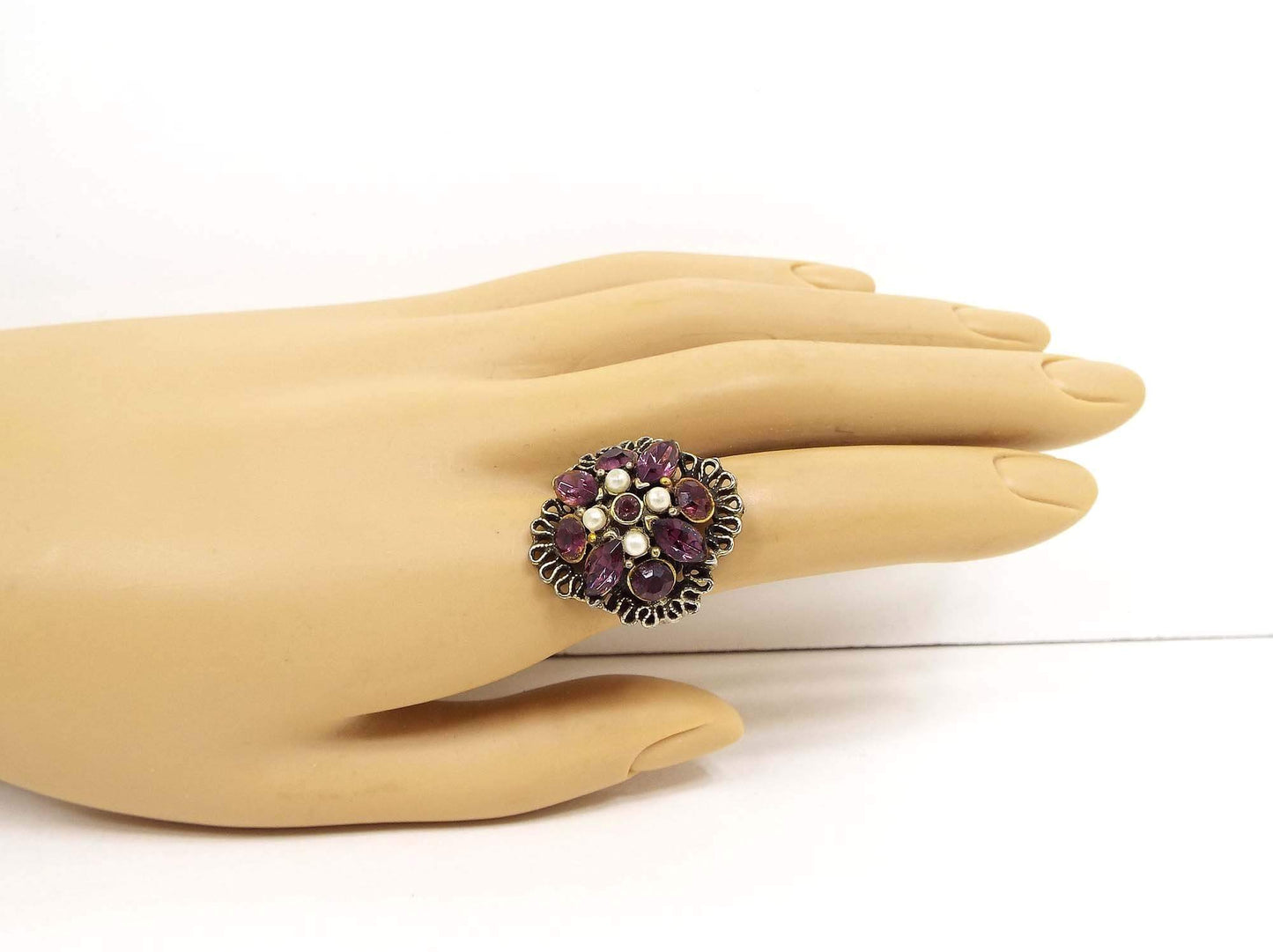 Purple Rhinestone and Faux Pearl Adjustable Vintage Ring