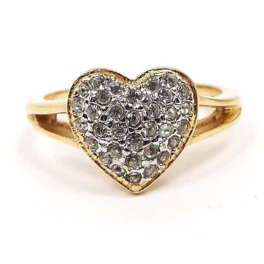 Front view of the Ana BeKoach ring. Metal is gold electroplated in color and has a heart at the top filled with pavé set sparkling clear rhinestones. The band setting is split style at the top by the heart.