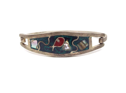 Small Green and Red Enameled Fish Vintage Hinged Bangle Bracelet