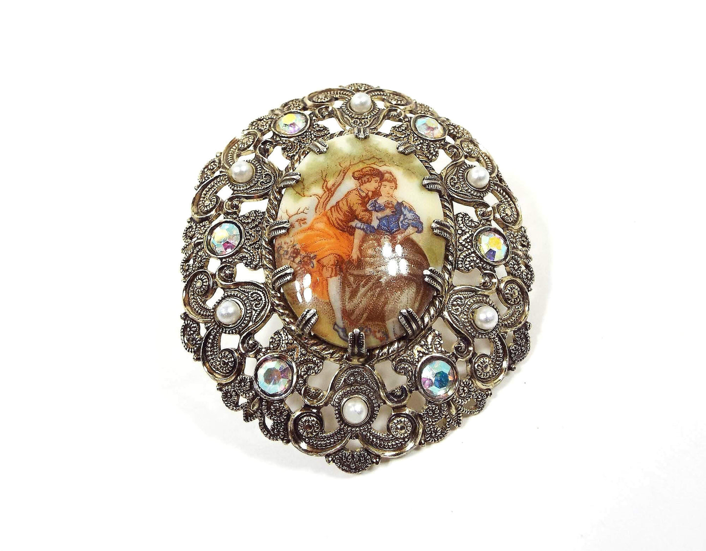 West Germany Faux Pearl and AB Rhinestone Vintage Cameo Brooch Pin