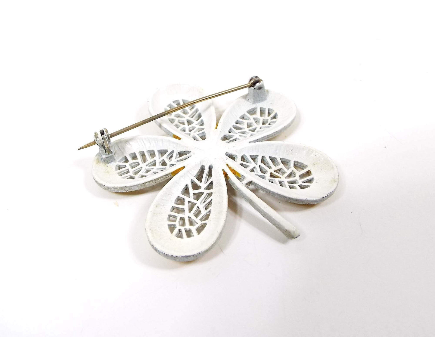 White and Yellow Enameled Vintage Flower Brooch Pin