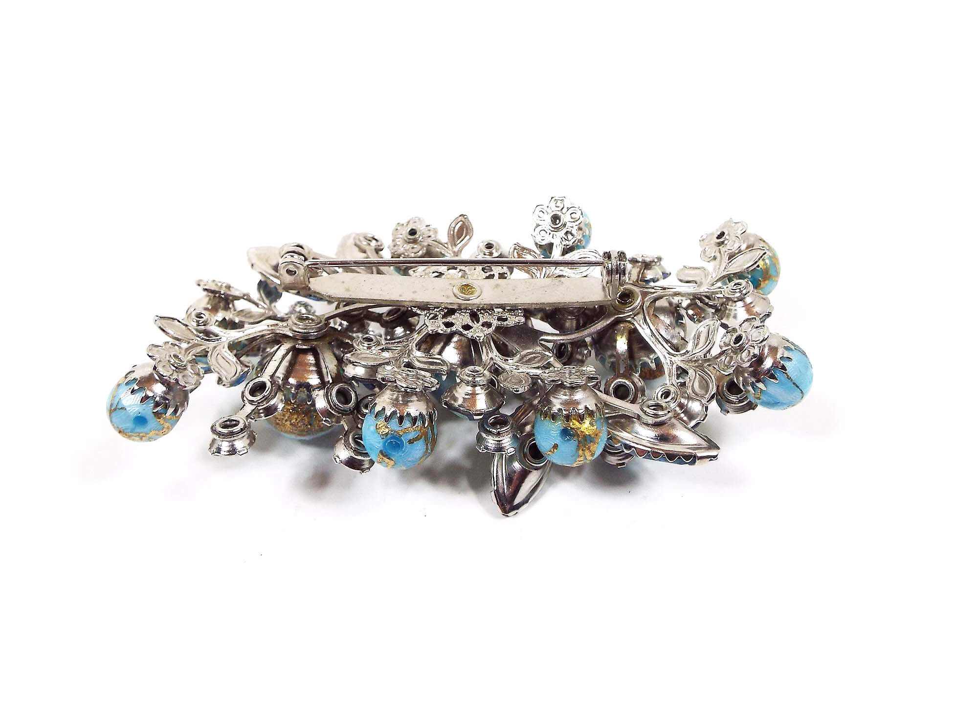 Large AB Blue Rhinestone and Beaded Vintage Brooch Pin