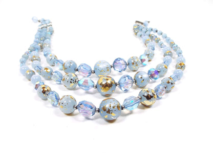 AB Blue Crystal and Lucite Beaded Vintage Multi Strand Necklace