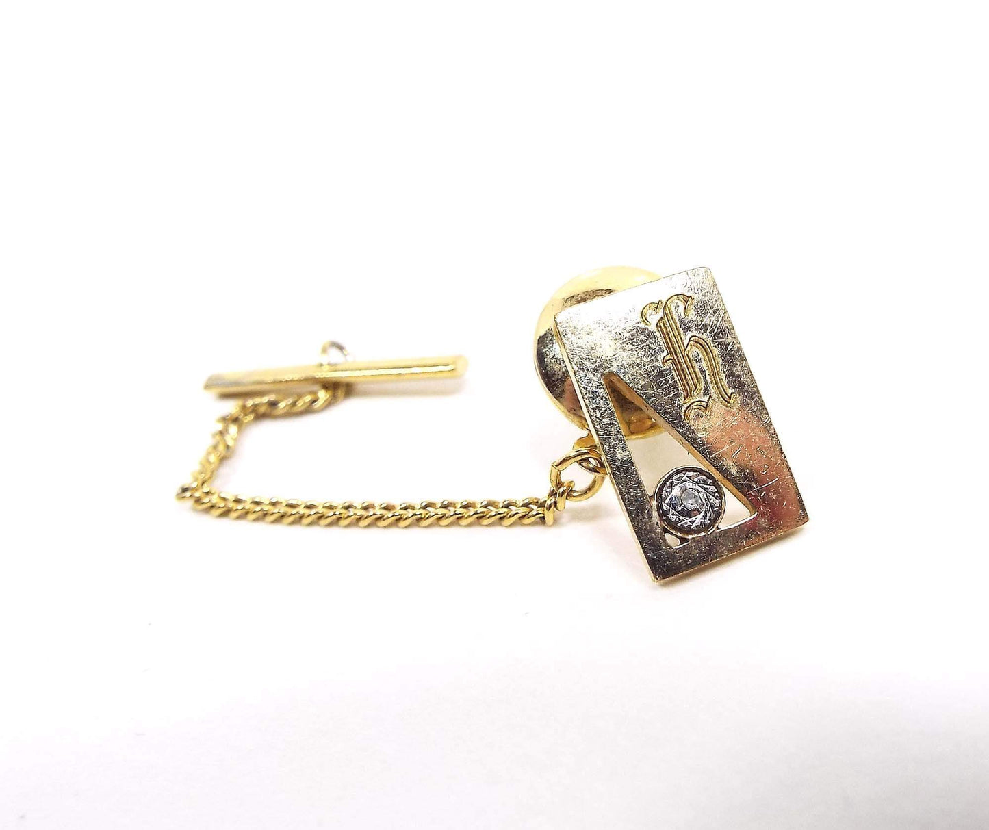 PLA Gold Filled Letter Initial H Vintage Tie Tack with Tiny Diamond Chip, 14K GF Tie Pin