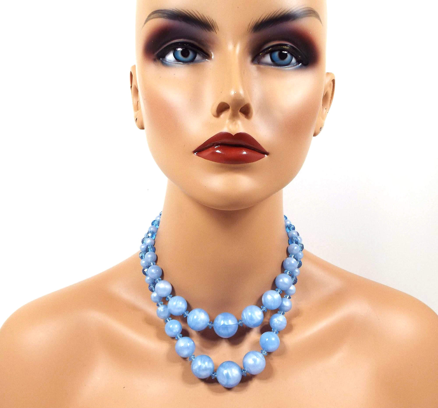 Pearly Blue Beaded Multi Strand Vintage Necklace