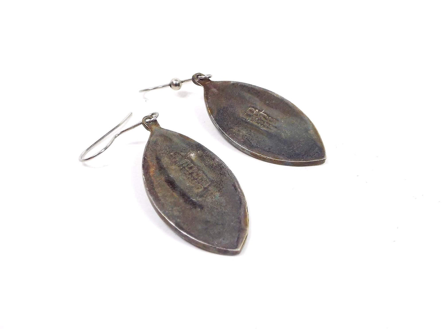 Mexico Alpaca Vintage Abalone and Blue Enameled Marquis Drop Earrings