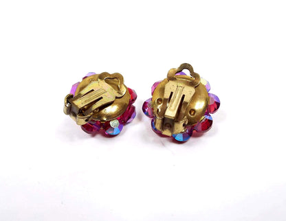 Bright Pink Crystal Glass Beaded Vintage Clip on Earrings