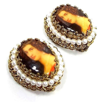 West Germany Faux Pearl Mid Century Vintage Cameo Brooch Pin and Clip on Earrings Set